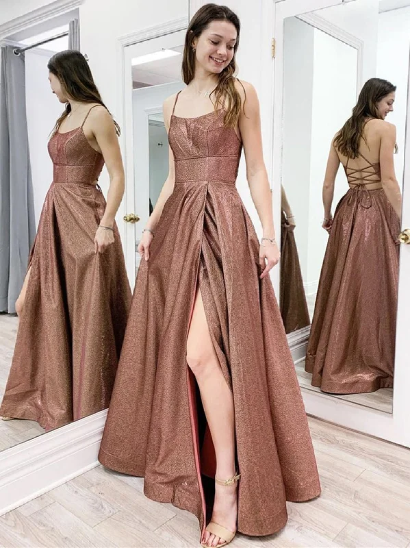 Price Blitz Shiny Open Back Brown Long Prom Dresses with Slit, Sparkly Brown Formal Evening Dresses Price Blitz Shiny Open Back Brown Long Prom Dresses with Slit, Sparkly Brown Formal Evening Dresses