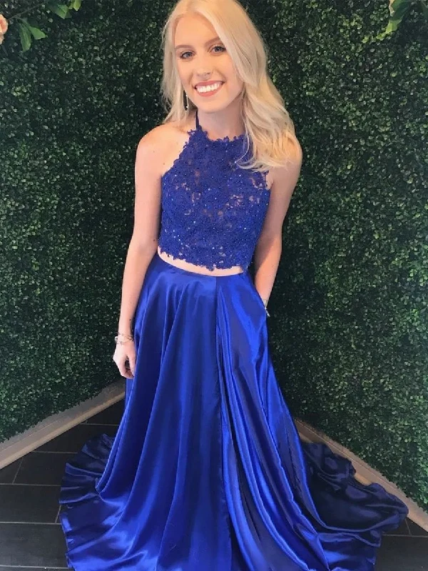 Daily Deals A Line Halter Neck Two Pieces Royal Blue Lace Top Prom Dresses, Two Pieces Lace Royal Blue Formal Dresses, Royal Blue Lace Evening Dresses