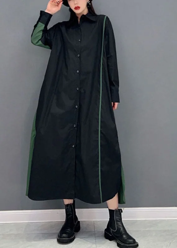 pleated maxi dresspleated maxi dressStylish Black Peter Pan Collar Patchwork Side Open Cotton Shirt Dress Spring