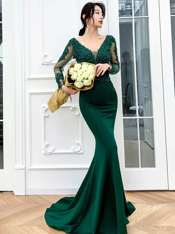 classic fit-and-flare dressclassic fit-and-flare dressMermaid V Neck Long Sleeves Beaded Green Long Prom Dresses, Mermaid Green Formal Dresses, Beaded Green Evening Dresses SP2243