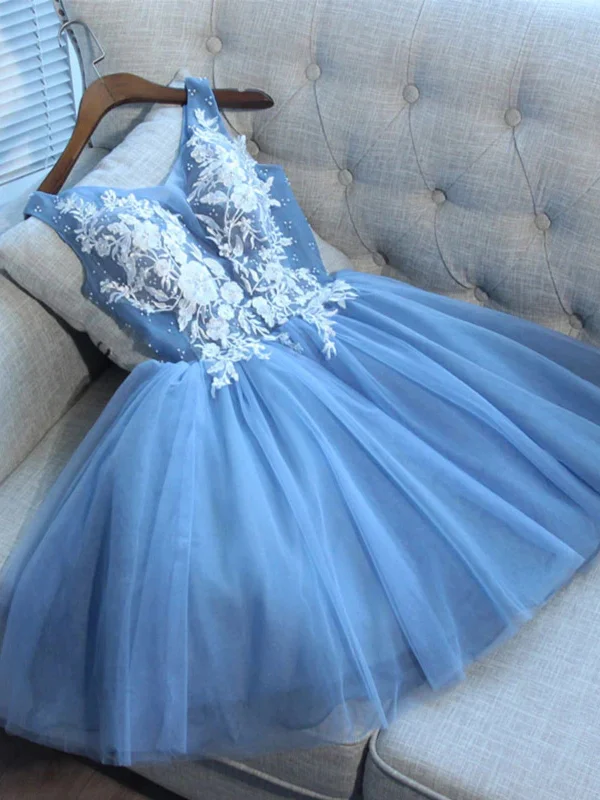 ashionable dressashionable dressCute V Neck Beaded Blue Prom Dresses with Lace Appliques, Blue Lace Homecoming Dresses, Short Blue Formal Graduation Evening Dresses SP2714