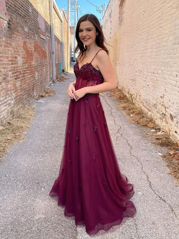 Steals and Deals Burgundy Tulle A Line Lace Beaded Long Prom Dresses, Beaded Burgundy Formal Graduation Evening Dresses SP2194