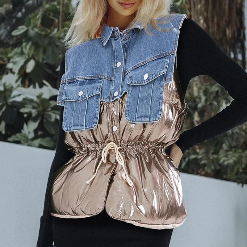 Epic Deals Cool Denim Collar Button Down Deconstructed Hybrid Metallic Puffer Vest - Gold Epic Deals Cool Denim Collar Button Down Deconstructed Hybrid Metallic Puffer Vest - Gold