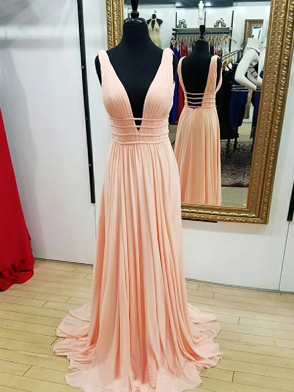 Steals and Deals A Line V Neck Backless Pleated Pearl Pink/Navy Blue Chiffon Long Prom Dresses, Pink/Navy Blue Formal Graduation Evening Dresses