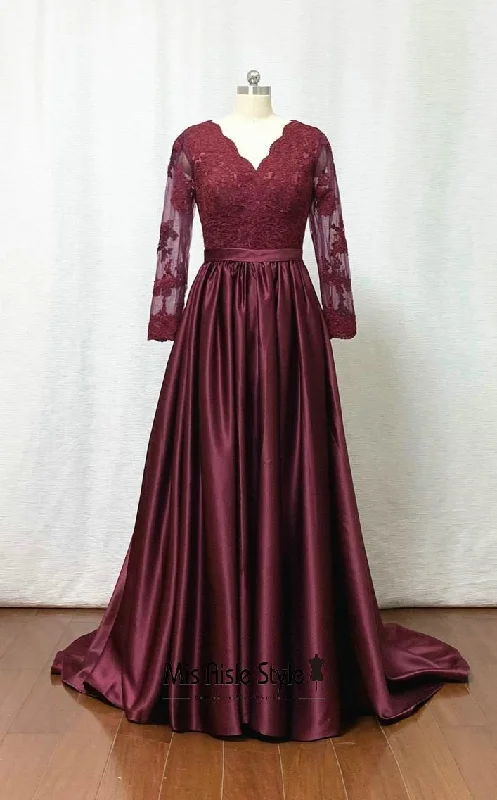 stylish party dressstylish party dressModest A line Long Sleeves Burgundy Evening Dress