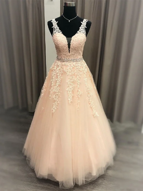 Exclusive Offers A Line V Neck Pink Lace Long Prom Dresses 2020 with Belt, Pink Lace Formal Graduation Evening Dresses