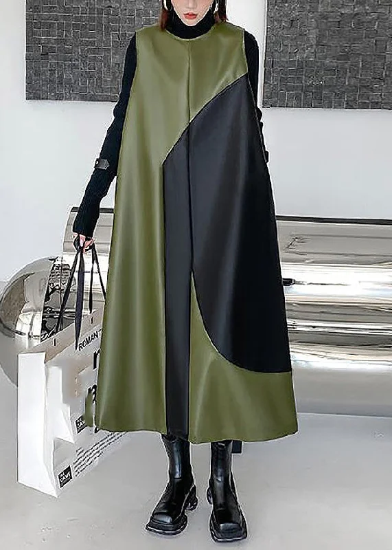 minimalistic dressminimalistic dressStyle Army Green O-Neck Patchwork Zippered Party Long Waistcoat Dress Spring