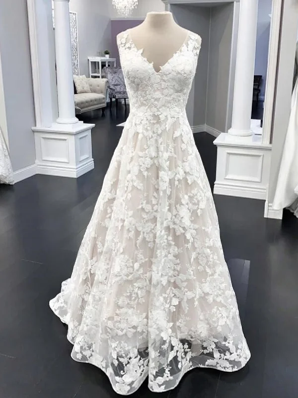 New Markdowns A Line V Neck White Floral Lace Long Prom Dresses, White Floral Lace Formal Dresses, White Evening Dresses