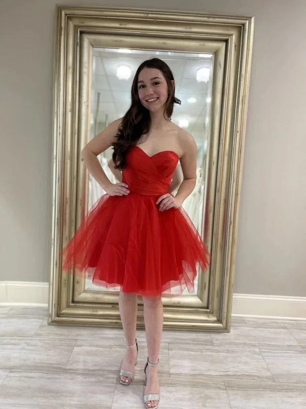 casual dresscasual dressSimple Strapless Sweetheart Neck Red Tulle Short Prom Dresses, Strapless Red Homecoming Dresses SP3033