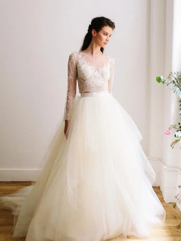 Price Reduction Round Neck High Low Two Pieces Long Sleeves Lace White Wedding Prom Dresses, Two Pieces Long Sleeves White Lace Formal Evening Dresses Price Reduction Round Neck High Low Two Pieces Long Sleeves Lace White Wedding Prom Dresses, Two Pieces Long Sleeves White Lace Formal Evening Dresses