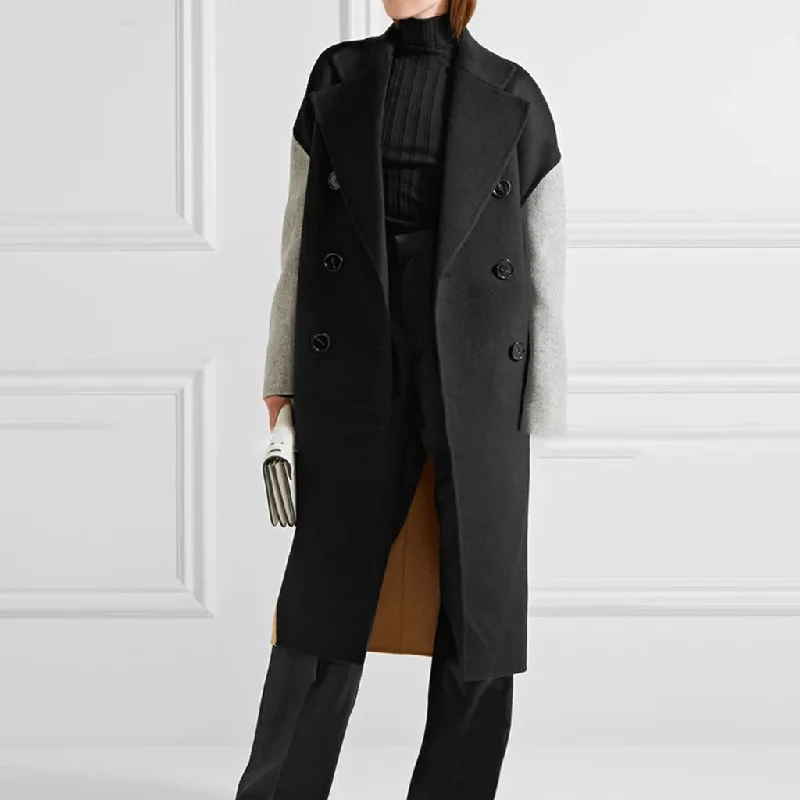 Shop and Save Casual Lapel Collar Color Block Long Sleeve Double Breasted Cocoon Midi Trench Coat