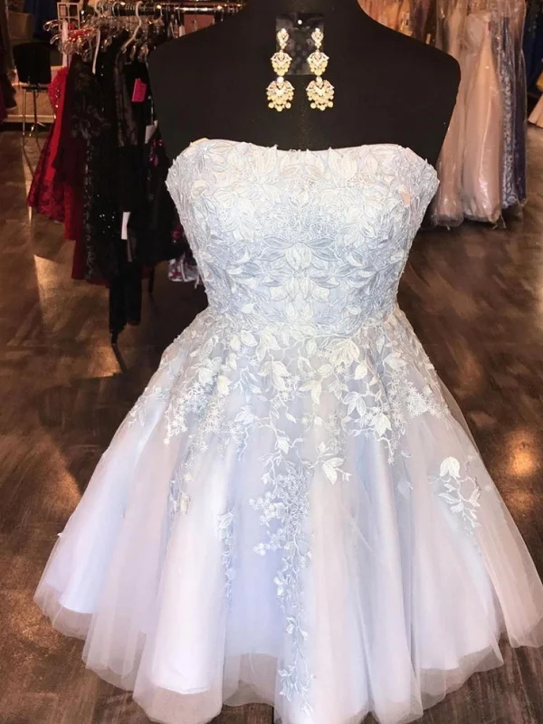 flowy maxi dressflowy maxi dressStrapless Light Blue Lace Tulle Short Prom Homecoming Dresses, Light Blue Lace Formal Graduation Evening Dresses SP2413