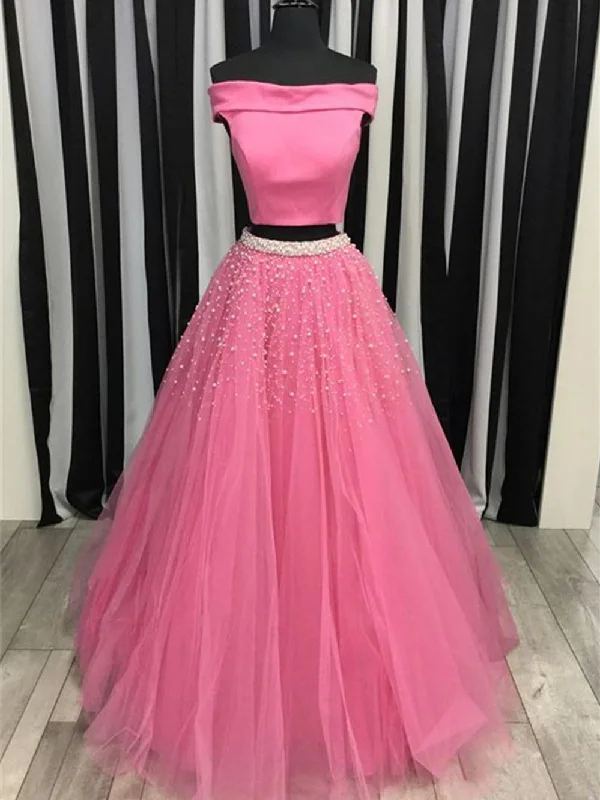 Limited Availability Off Shoulder Two Piece Beading Pink/Sky Blue Prom Dresses, Two Piece Pink/Sky Blue Formal Dresses, Two Piece Long Evening Dresses