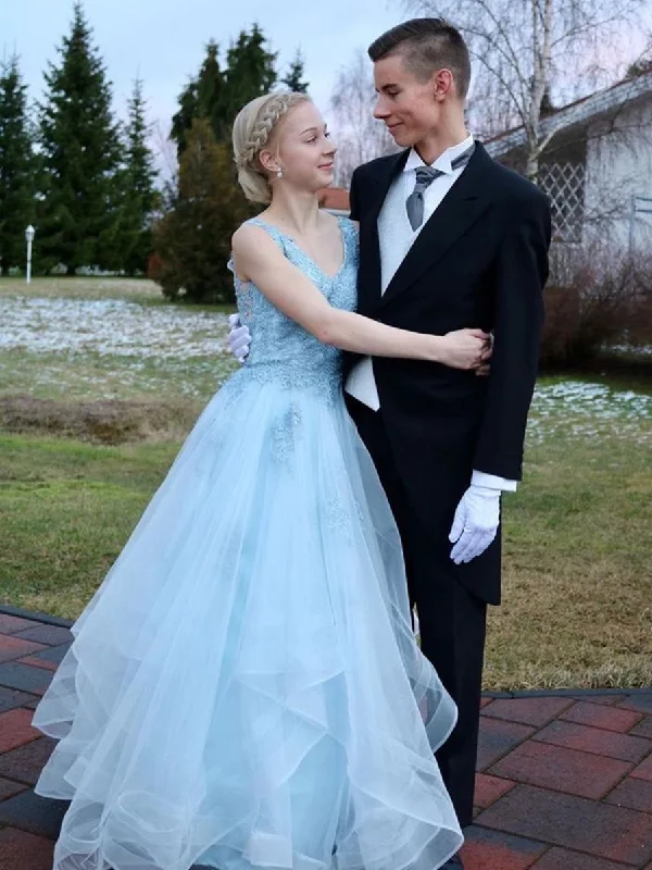 Factory Direct Sale V Neck Open Back Light Blue Lace Long Prom Dresses, Light Blue Lace Formal Graduation Evening Dresses Factory Direct Sale V Neck Open Back Light Blue Lace Long Prom Dresses, Light Blue Lace Formal Graduation Evening Dresses
