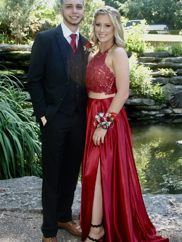 Midnight Madness A Line Halter Neck 2 Pieces Lace Red Long Prom Dresses with Leg Slit, Lace Red Formal Dresses, Evening Dresses Midnight Madness A Line Halter Neck 2 Pieces Lace Red Long Prom Dresses with Leg Slit, Lace Red Formal Dresses, Evening Dresses