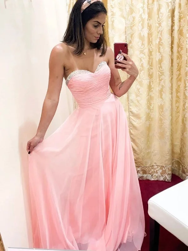 Year-End Sale Strapless Sweetheart Neck Pink Chiffon Long Prom Dresses with Beading, Strapless Pink Formal Graduation Evening Dresses