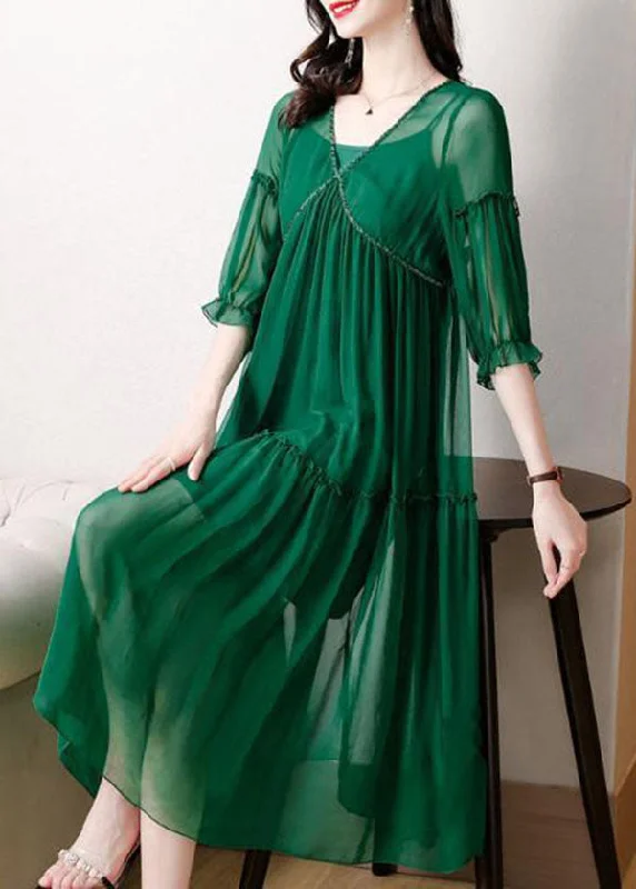 Steals and Deals Plus Size Green V Neck Ruffled Chiffon Party Dress Bracelet Sleeve