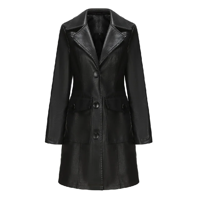 Price Drop Luxury Lapel Collar Long Sleeve Button Up Cinch Waist Vegan Leather Trench Coat Price Drop Luxury Lapel Collar Long Sleeve Button Up Cinch Waist Vegan Leather Trench Coat
