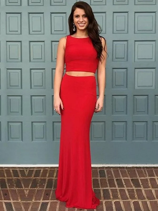 Savings Bonanza Elegant Mermaid Two Pieces Round Neck Red Long Prom Dresses with Ruffles Sweep Train, Mermaid Red Formal Dresses, Red Evening Dresses Savings Bonanza Elegant Mermaid Two Pieces Round Neck Red Long Prom Dresses with Ruffles Sweep Train, Mermaid Red Formal Dresses, Red Evening Dresses