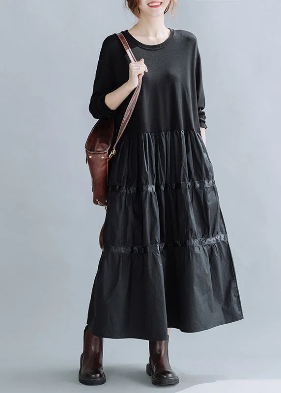 long sleeve dresslong sleeve dressLoose Black O-Neck Patchwork Cotton Holiday Dress Spring