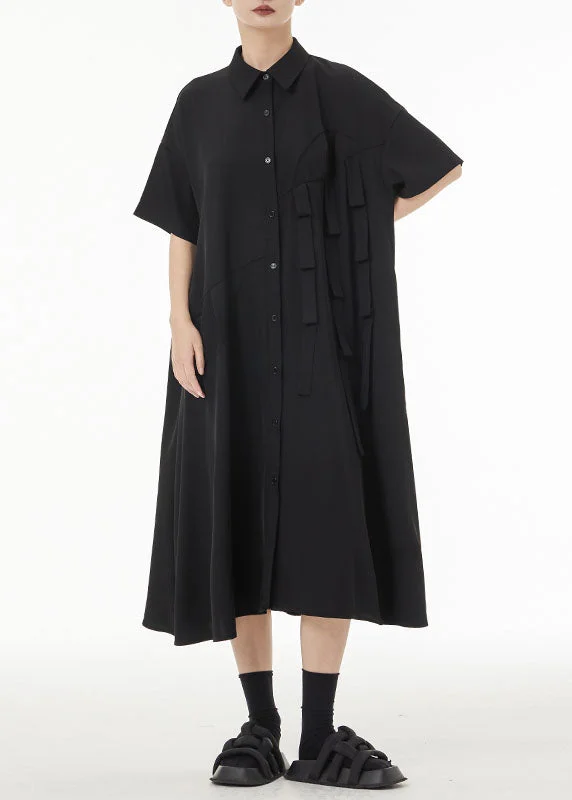 Exclusive Deal Unique Black Peter Pan Collar Patchwork Button Cotton Long Dress Summer