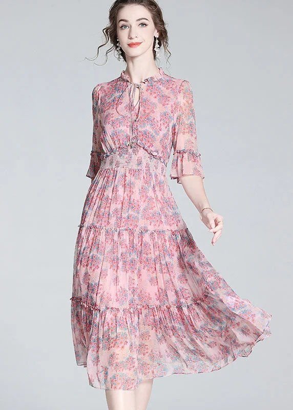 long sleeve dresslong sleeve dressSimple Pink Ruffled Print Patchwork Silk Mid Dress Summer