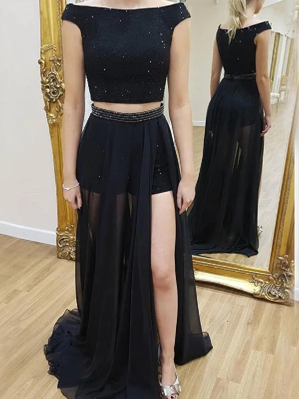 Unmissable Offer Sexy A Line Round Neck Two Piece Beading Black Prom Dresses, Black Two Piece Formal Dresses, Black Long Evening Dresses
