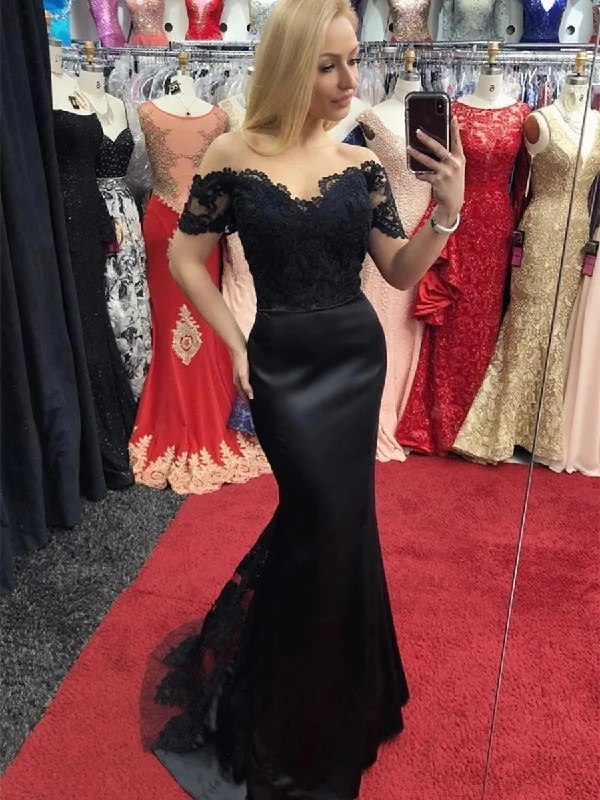 Exclusive Savings Off Shoulder Mermaid Lace Black Long Prom Dresses, Off Shoulder Black Lace Formal Dresses, Mermaid Black Lace Evening Dresses
