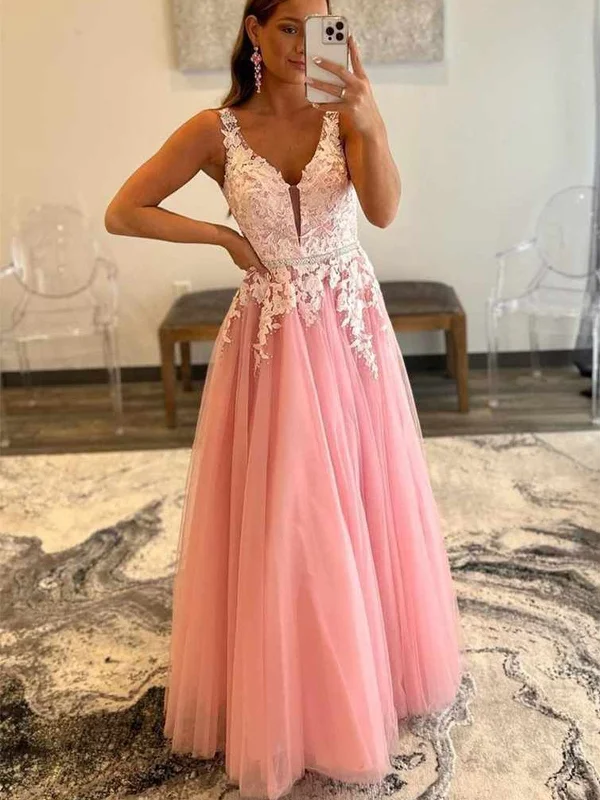 Special Discount V Neck Open Back Beaded Pink Tulle Lace Long Prom Dresses, Floor Length Pink Formal Graduation Evening Dresses SP2257
