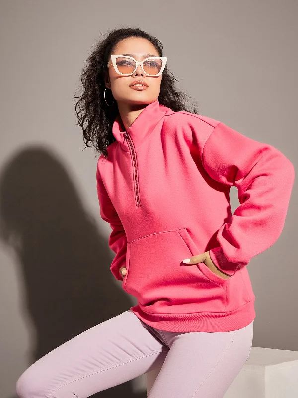 soft athletic sweatshirtWomen Pink Fleece Front Zipper Sweatshirt