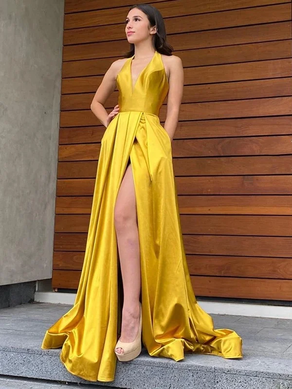 Final Markdown Halter V Neck Backless Yellow Long Prom Dresses with High Slit, Backless Yellow Formal Graduation Evening Dresses SP2075