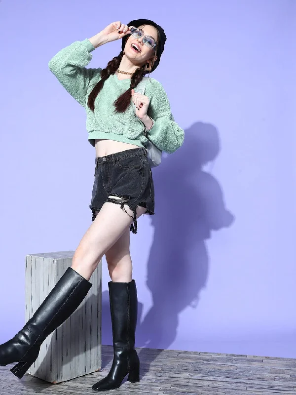 Can't Be Beat Women Sea Green V-Neck Fur Crop Sweatshirt