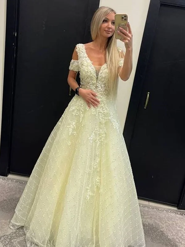 Massive Deals Off Shoulder Yellow Lace Tulle Long Prom Dresses, Yellow Lace Formal Dresses, Yellow Evening Dresses SP2203