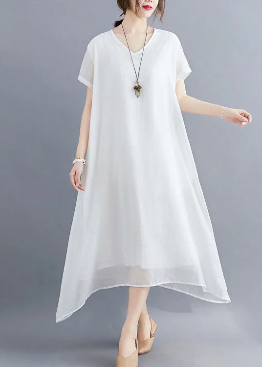 Can't Miss Classy White V Neck Exra Large Hem Cotton A Line Dresses Summer
