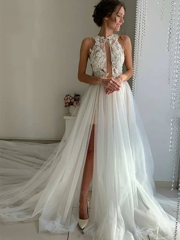 Discount Days Unique High Neck Lace White Tulle Long Prom Wedding Dresses with High Split, White Lace Formal Evening Dresses Discount Days Unique High Neck Lace White Tulle Long Prom Wedding Dresses with High Split, White Lace Formal Evening Dresses