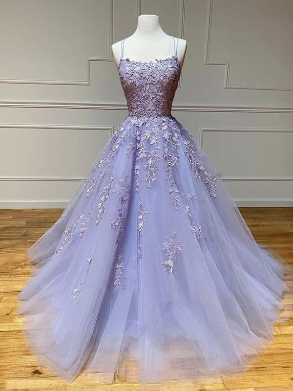 Extra Savings Long Backless Purple Lace Prom Dresses, Purple Lilac Lace Formal Graduation Evening Dresses