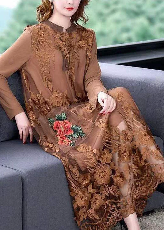 sleeveless dresssleeveless dressChocolate Tulle Maxi Dress O-Neck Embroideried Spring