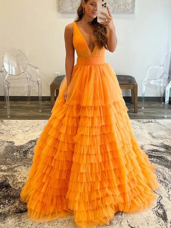 Lowest Prices V Neck Layered Orange Tulle Long Prom Dresses, Orange Tulle Formal Evening Dresses SP2292 Lowest Prices V Neck Layered Orange Tulle Long Prom Dresses, Orange Tulle Formal Evening Dresses SP2292