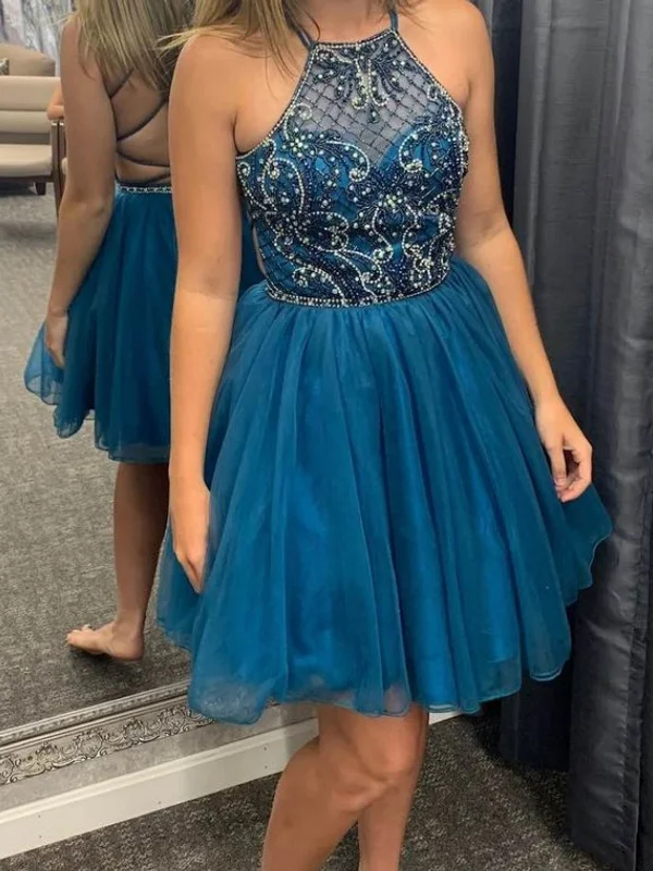 casual slip dresscasual slip dressA Line Backless Beaded Short Blue Prom Dresses, Blue Homecoming Dresses, Beaded Formal Evening Dresses SP2296