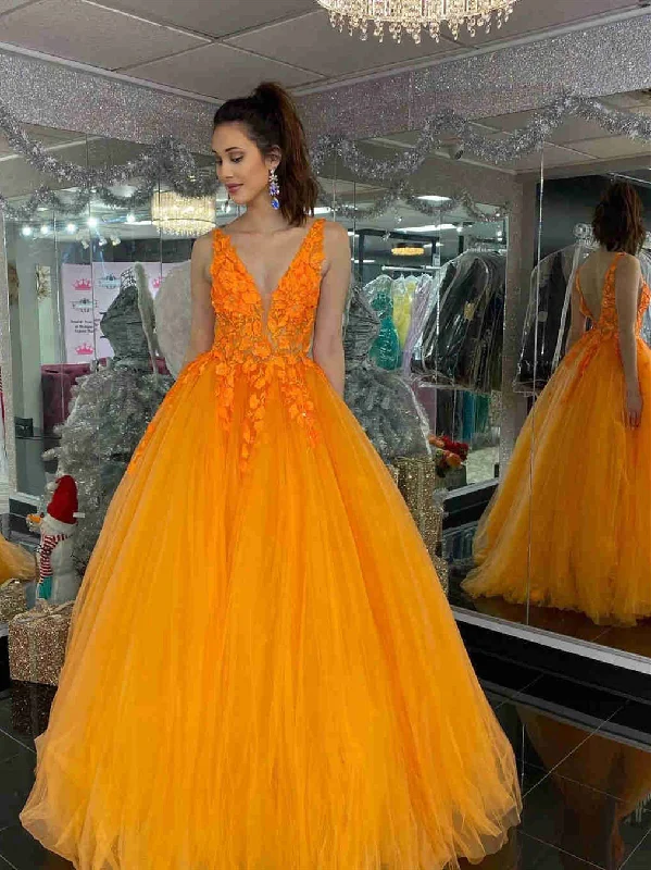 ashionable dressashionable dressV Neck and V Back Orange Lace Long Prom Dresses, Orange Lace Formal Evening Dresses