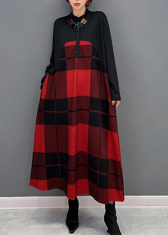 layered dresslayered dressClassy Red Stand Collar Plaid Button Vacation Maxi Dresses Long Sleeve