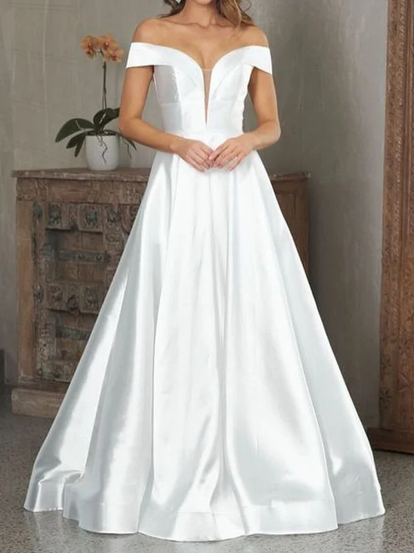Exclusive Deal Off the Shoulder V Neck White Satin Long Prom Dresses, V Neck Off Shoulder White Formal Evening Dresses