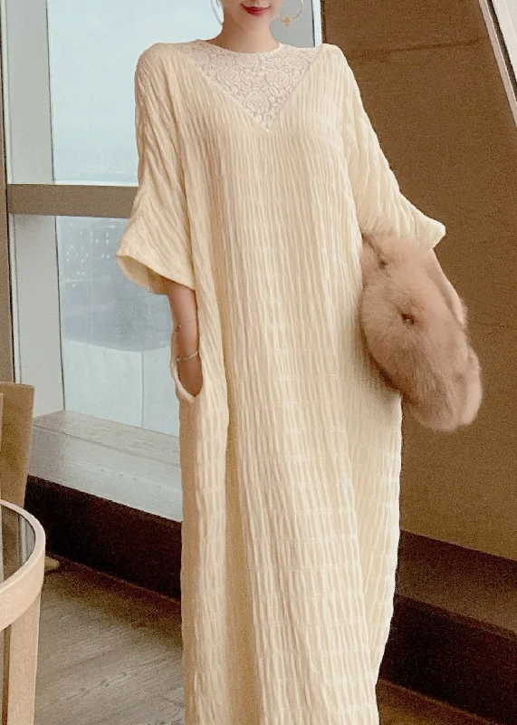 backless dressbackless dressFrench Apricot O-Neck Lace Patchwork Silk Maxi Dresses Long Sleeve