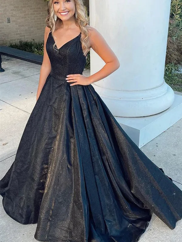 Savings Alert Shiny V Neck Backless Black Long Prom Dresses, Open Back Black Formal Graduation Evening Dresses SP2393