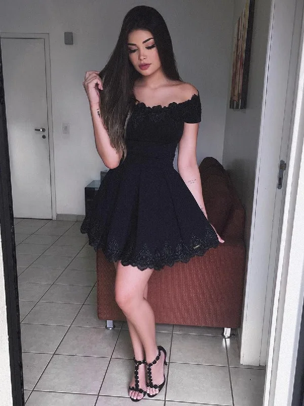 chic dresschic dressCute Off Shoulder Lace Black Short Prom Dresses Homecoming Dresses, Off Shoulder Black Formal Dresses, Evening Dresses