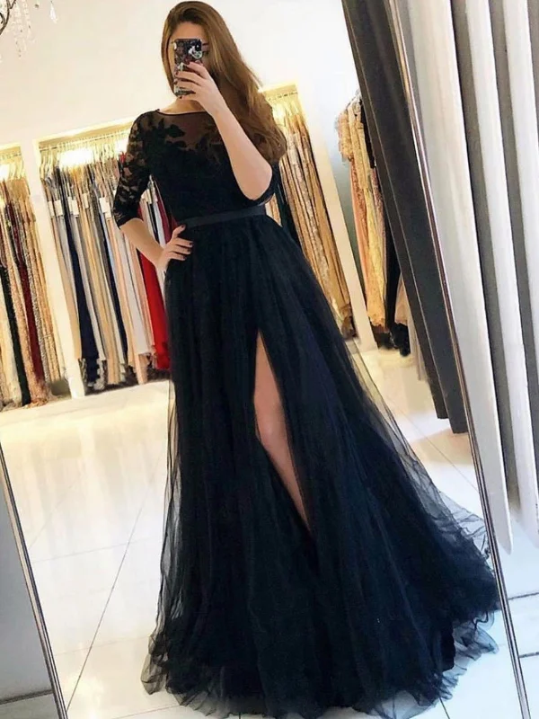 New Deals Half Sleeves Open Back Black Lace Long Prom Dresses with High Slit, Black Lace Formal Dresses, Black Evening Dresses SP2119 New Deals Half Sleeves Open Back Black Lace Long Prom Dresses with High Slit, Black Lace Formal Dresses, Black Evening Dresses SP2119