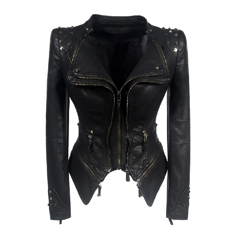 Bargain Blast Street Metal Rivet Double Zip Up Long Sleeve Vegan Leather Biker Jacket