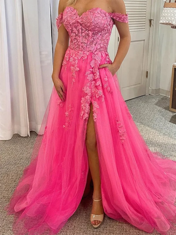 Super Bargain Off Shoulder Hot Pink Tulle Lace Long Prom Dresses with High Slit, Hot Pink Lace Formal Graduation Evening Dresses SP2334