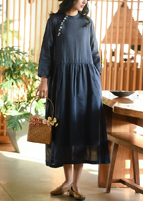 Midnight Madness Casual Navy Wrinkled Pockets Patchwork Linen Dresses Fall