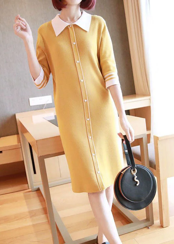 knit dressknit dressYellow Slim Fit Knit Mid Dress Turn-down Collar Half Sleeve